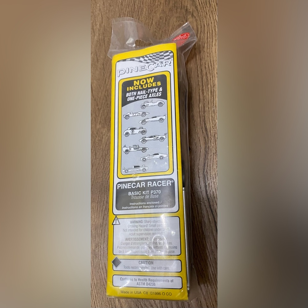 New in package Vintage 1996 Pinecar Racer Basic Kit
P370 Wood Racecar Kit